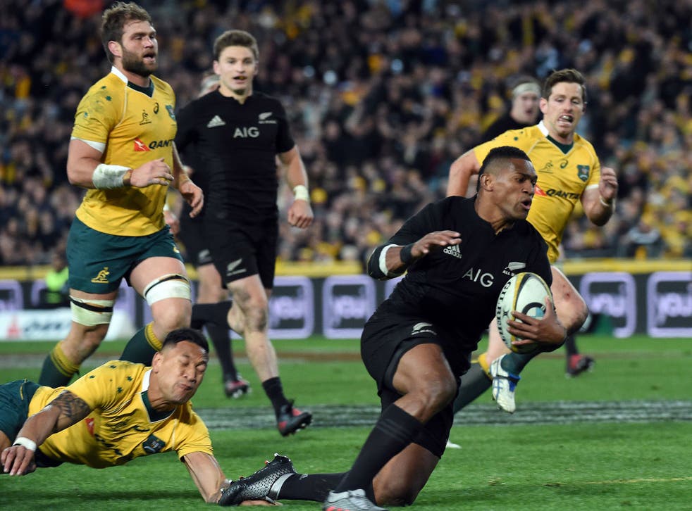 Waisake Naholo dives in for a try during New Zealand's 42-8 win over Australia