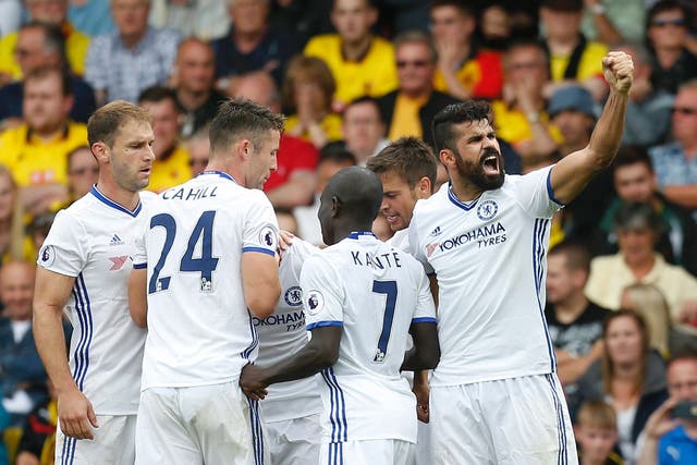 Diego Costa celebrates scoring Chelsea's second winning goal in less than a week