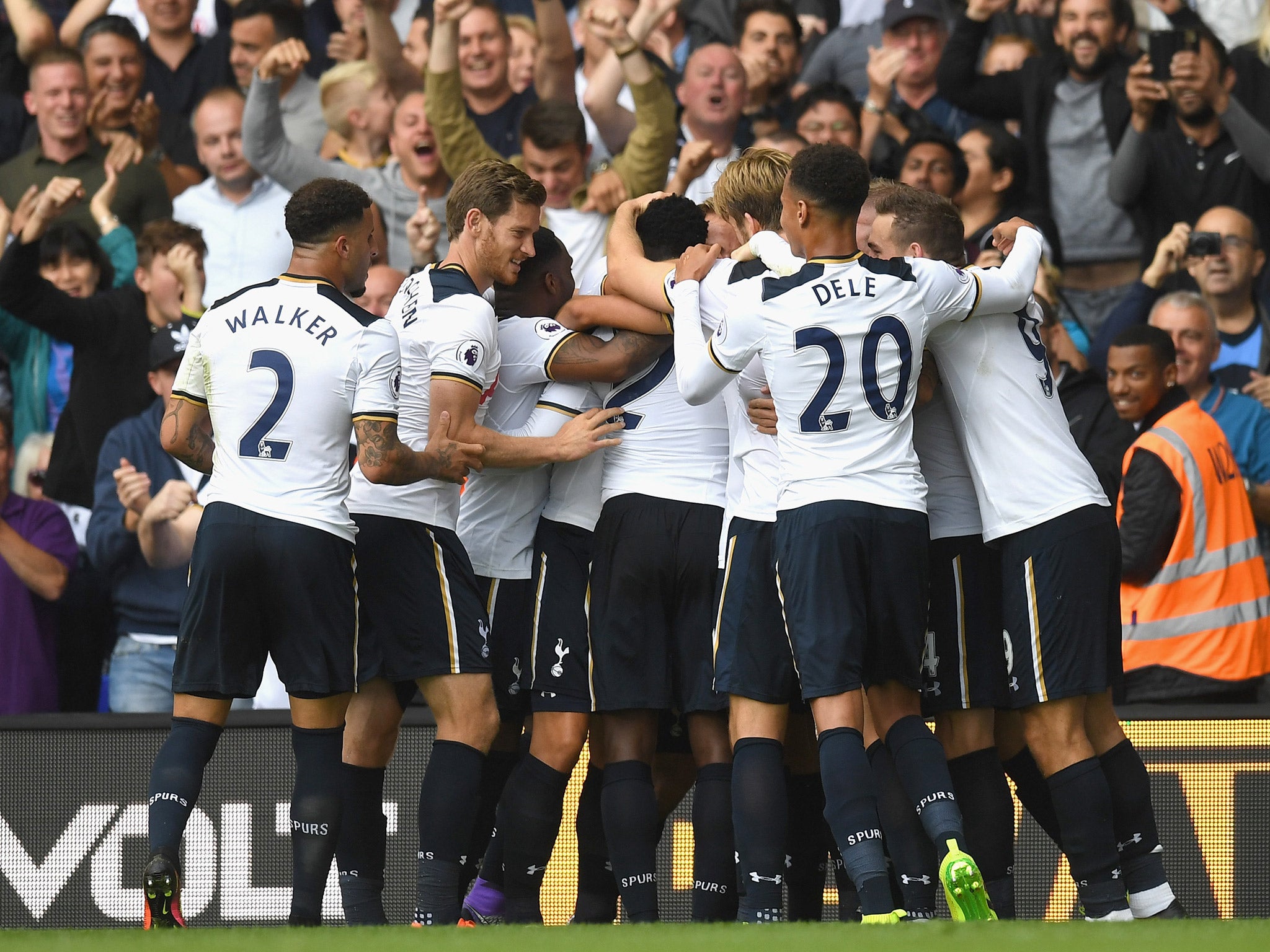 Tottenham players swarm Victor Wanyama after he scored what proved to be the match-winner