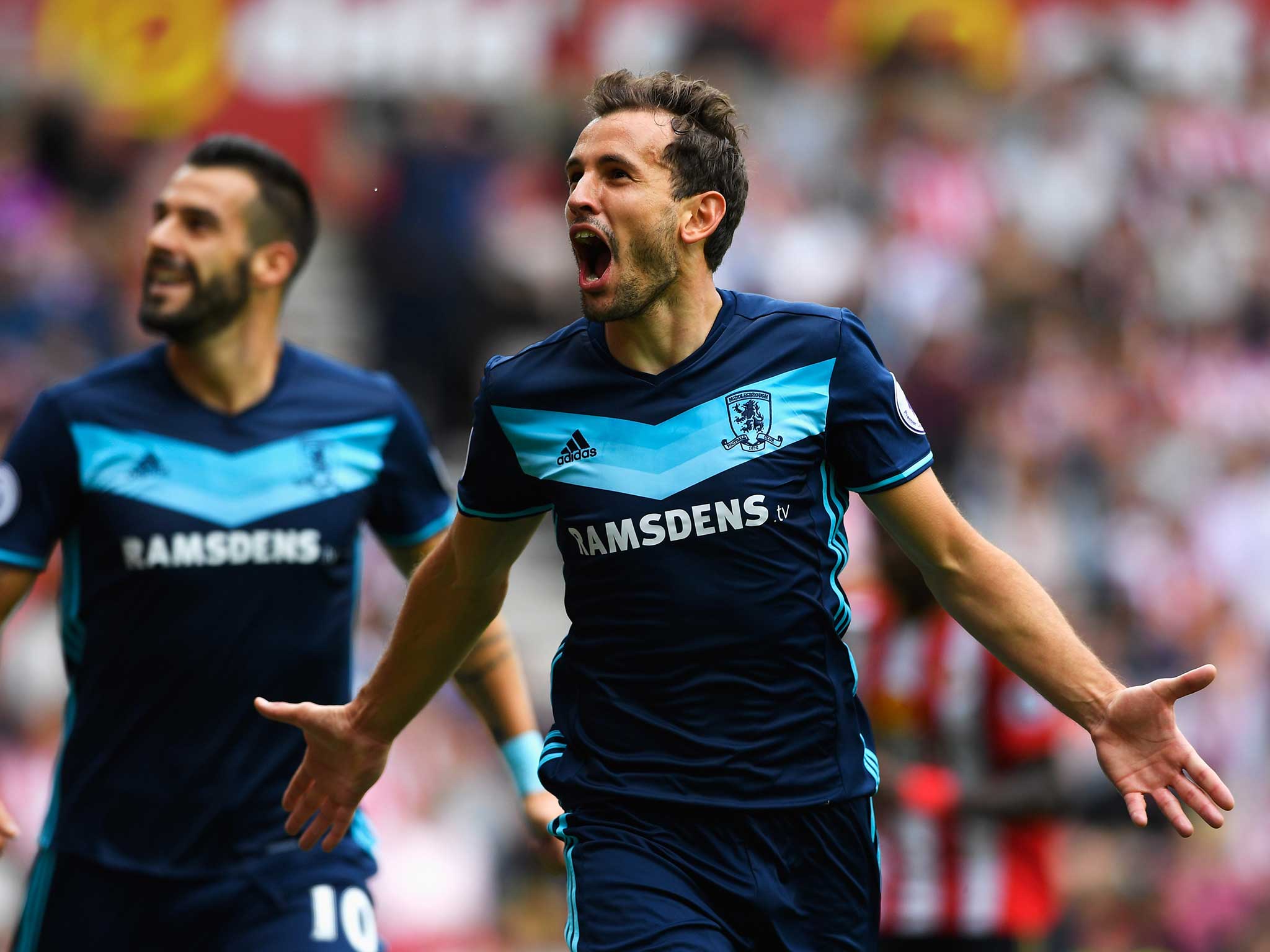 Cristhian Stuani celebrates scoring the opener at the Stadium of Light