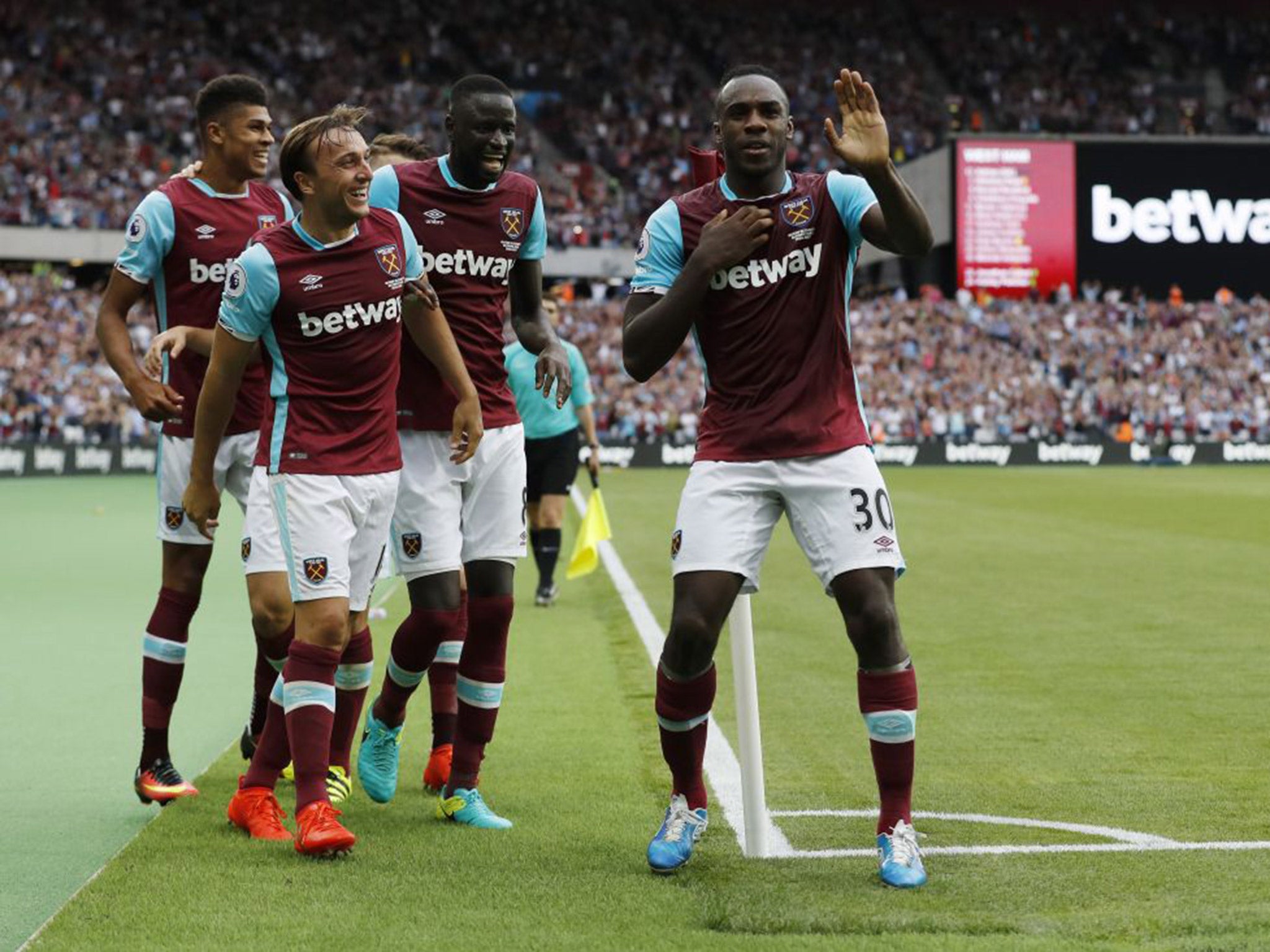 Michail Antonio celebrates after scoring late on in West Ham's 1-0 win over Bournemouth