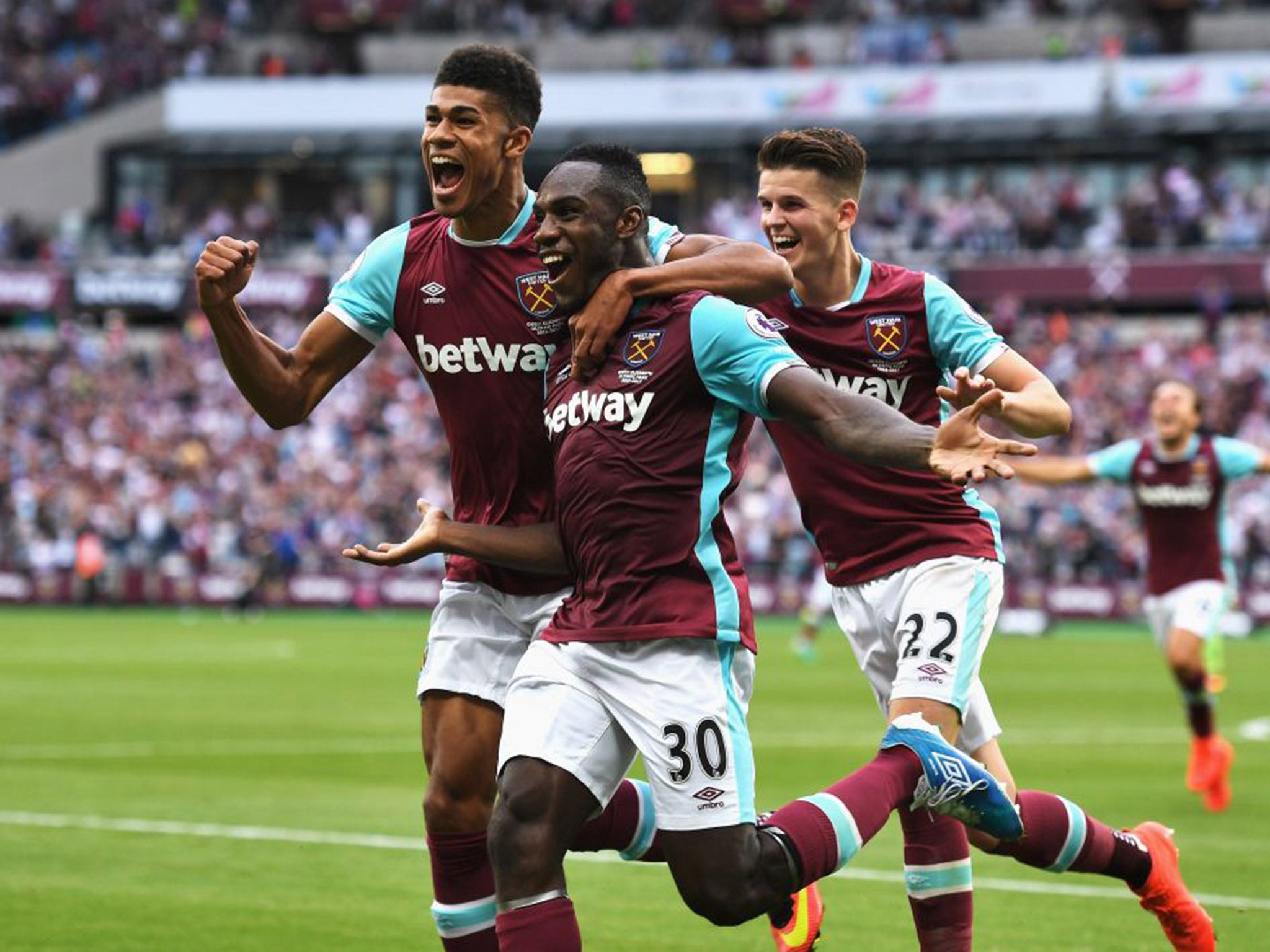 Michail Antonio celebrates after securing victory for West Ham against Bournemouth