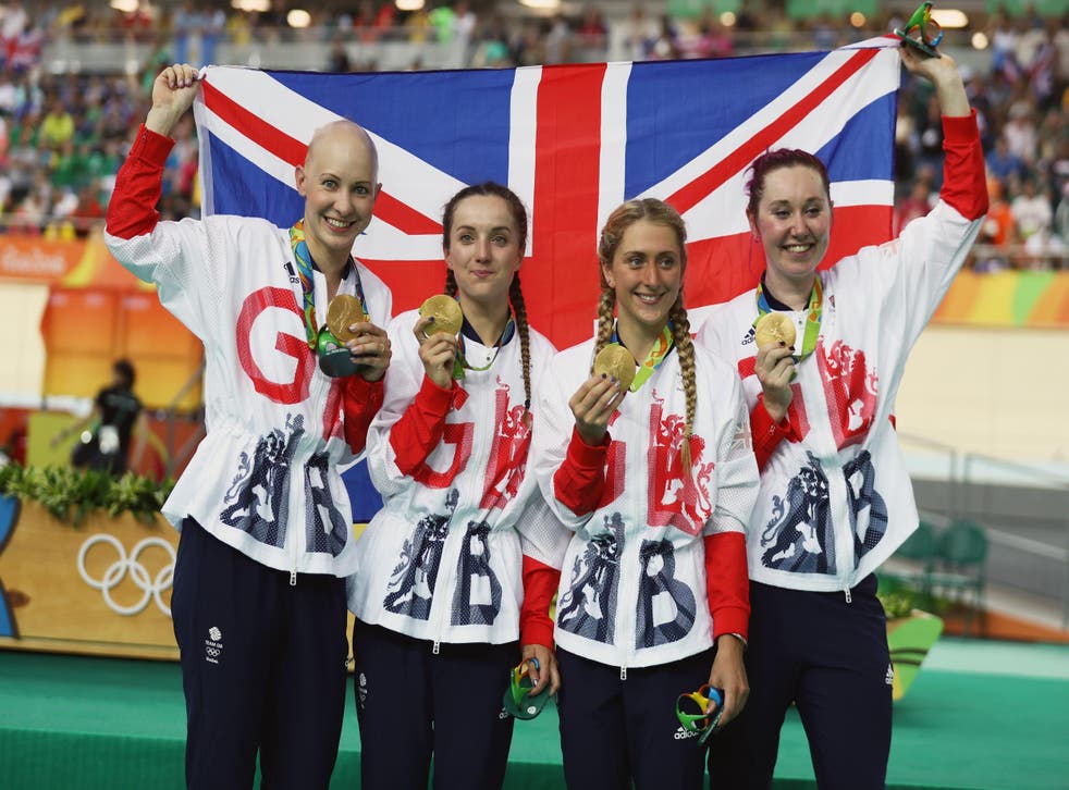 The women's team pursuit with their cycling gold medals
