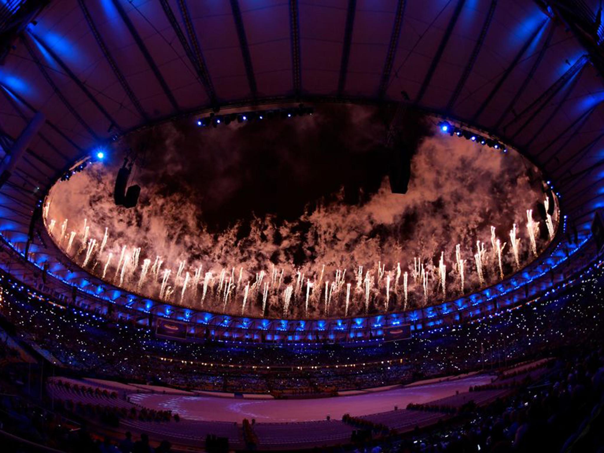 Fireworks light up the night sky at the Maracana Stadium in Rio during the closing ceremony