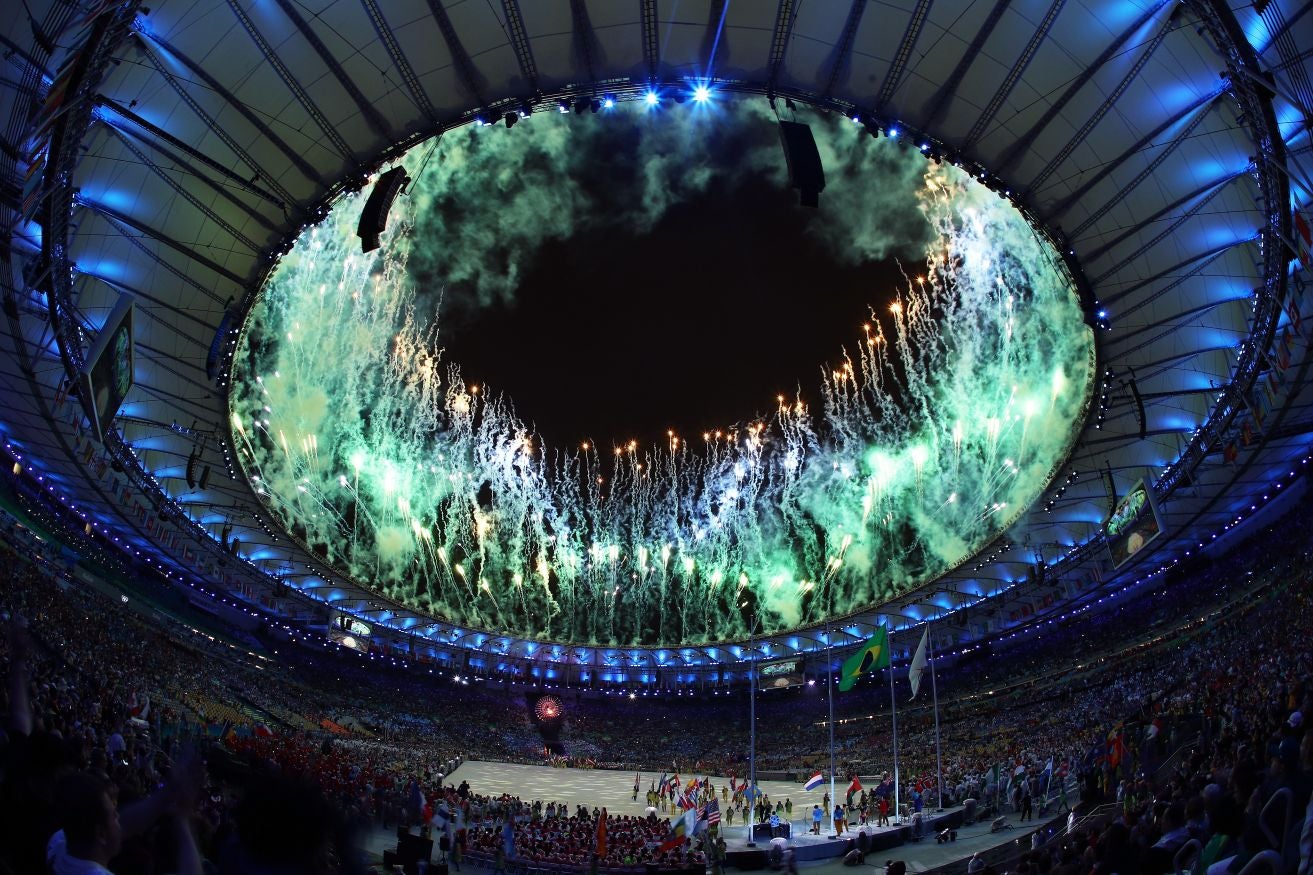 Fireworks explode during the closing ceremony at the Maracana Stadium