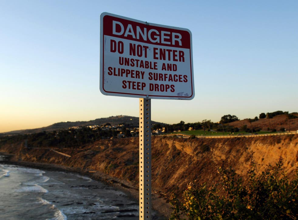 A danger sign at Point Fermin Park in San Pedro, California