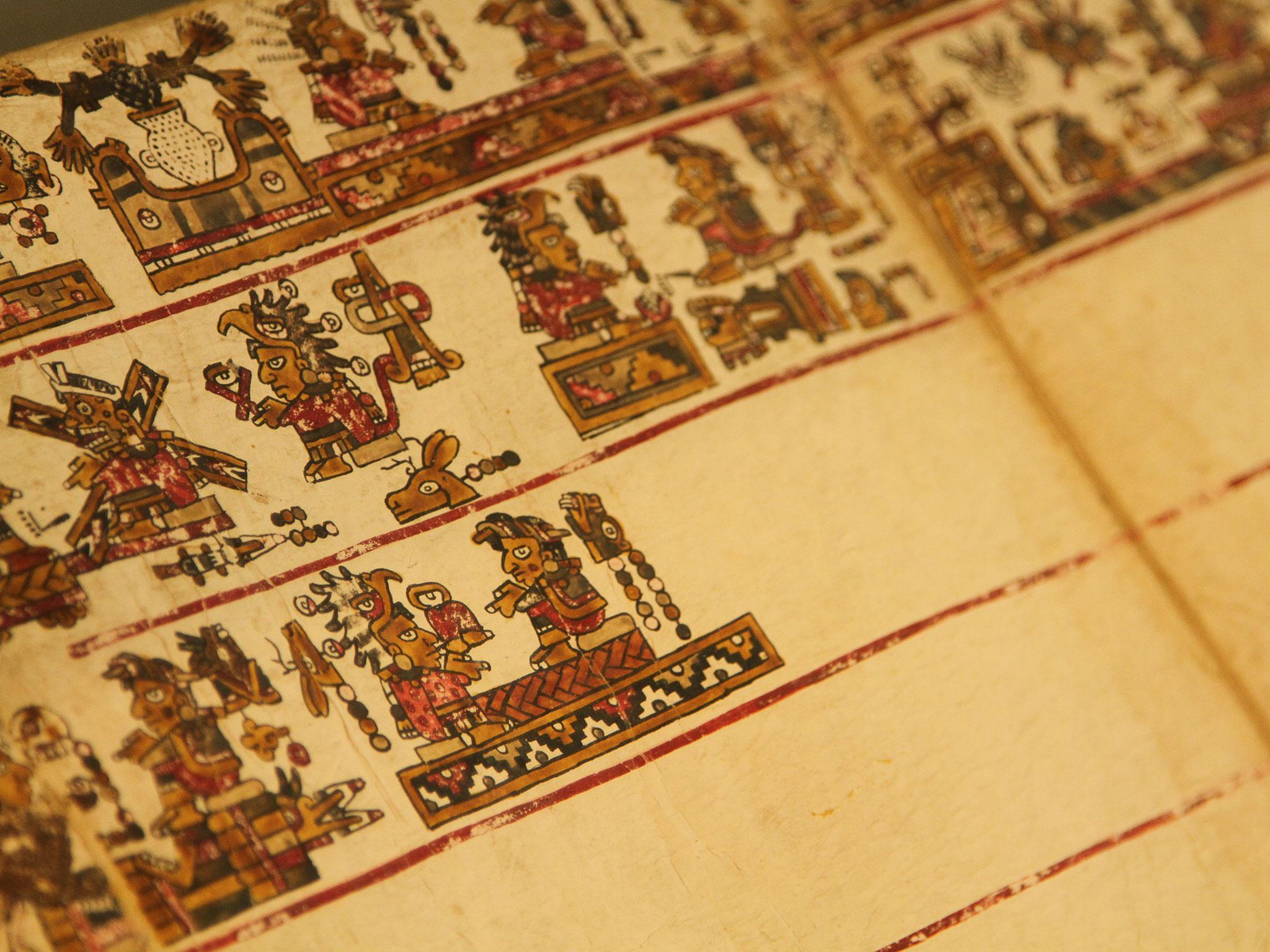The front of Codex Selden, showing the known pictographic scenes that are visible to the naked eye. Beneath its pages, scientists have discovered hidden imagery