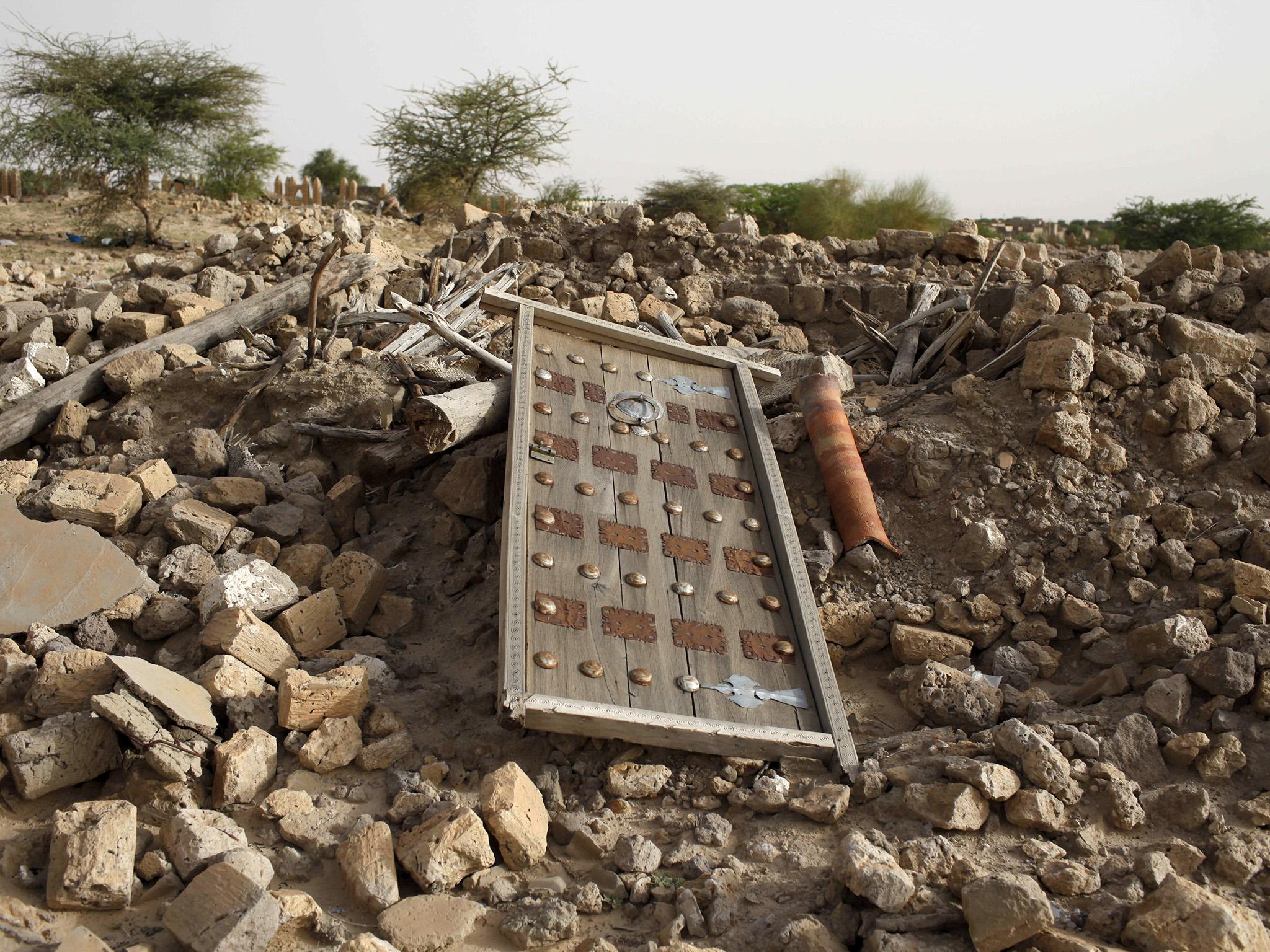 The rubble left from an ancient mausoleum destroyed by Islamist militants, is seen in Timbuktu, Mali