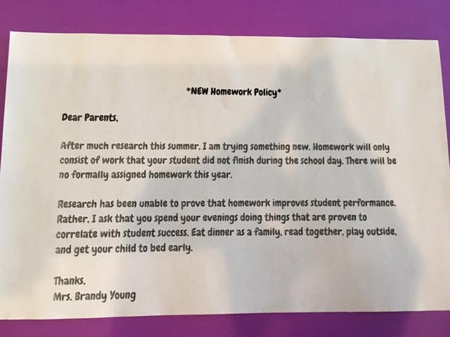 Second-grade teacher Brandy Young handed the pictured note out at "Meet the Teacher Night".