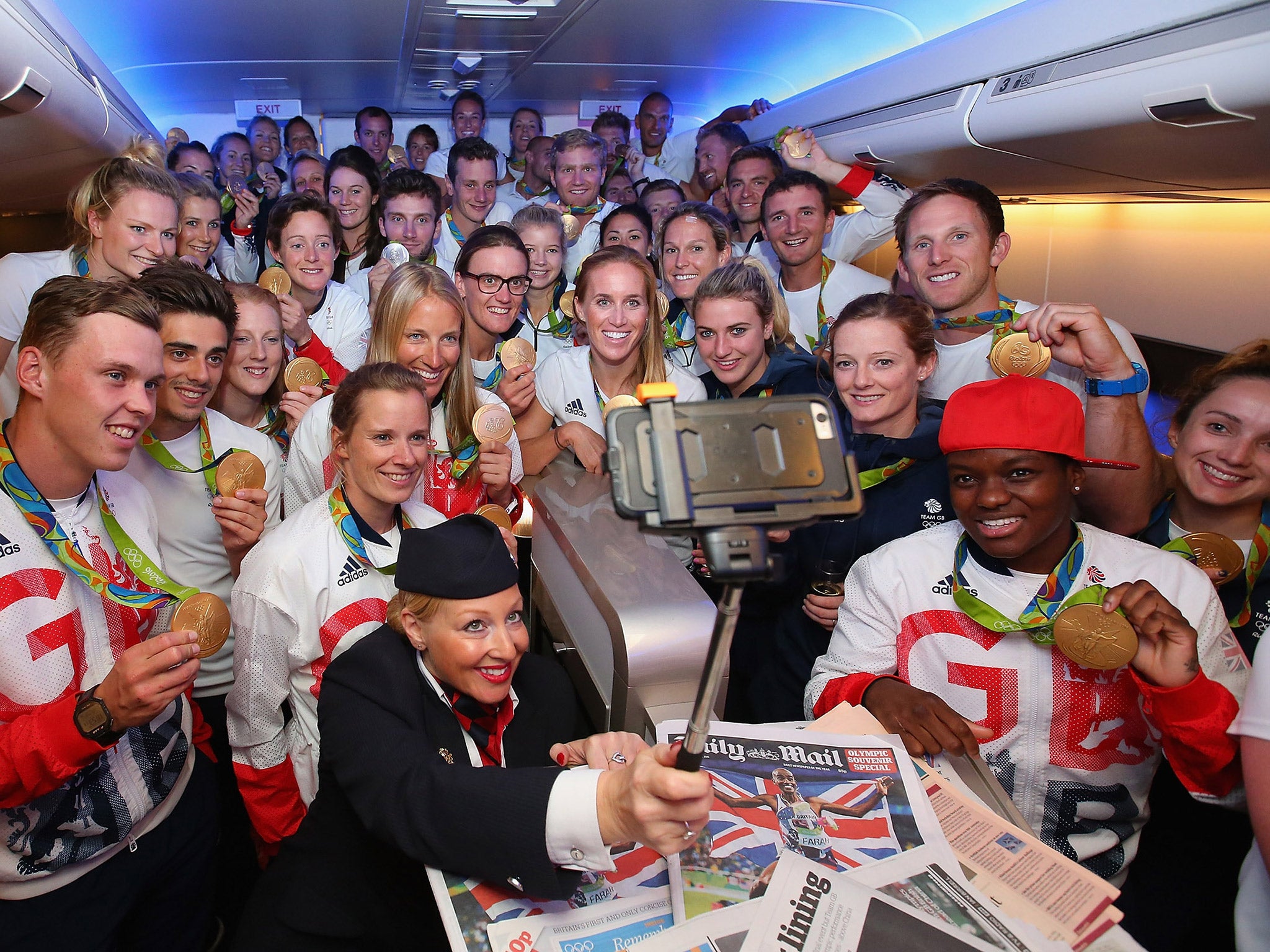 Team GB were keen to show off their record medal haul aboard British Airways flight BA2016