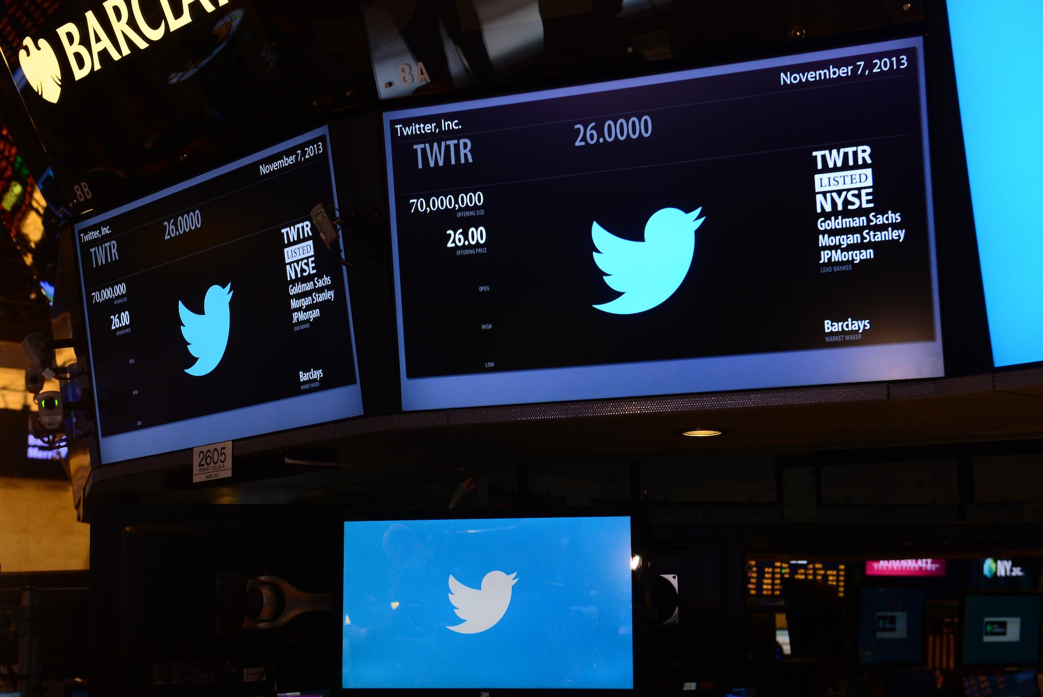 The logo of Twitter and the symbol on which Twitter's stock will be traded (TWTR) is viewed on the floor of the New York Stock Exchange (NYSE) on November 7, 2013 in New York