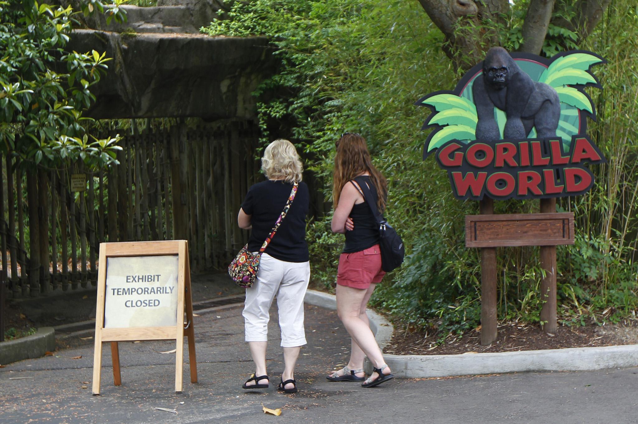 Visitors walk past the closed main entrance to the Cincinnati Zoo's Gorilla World exhibit days after a 3-year-old boy fell into the moat and officials were forced to kill Harambe