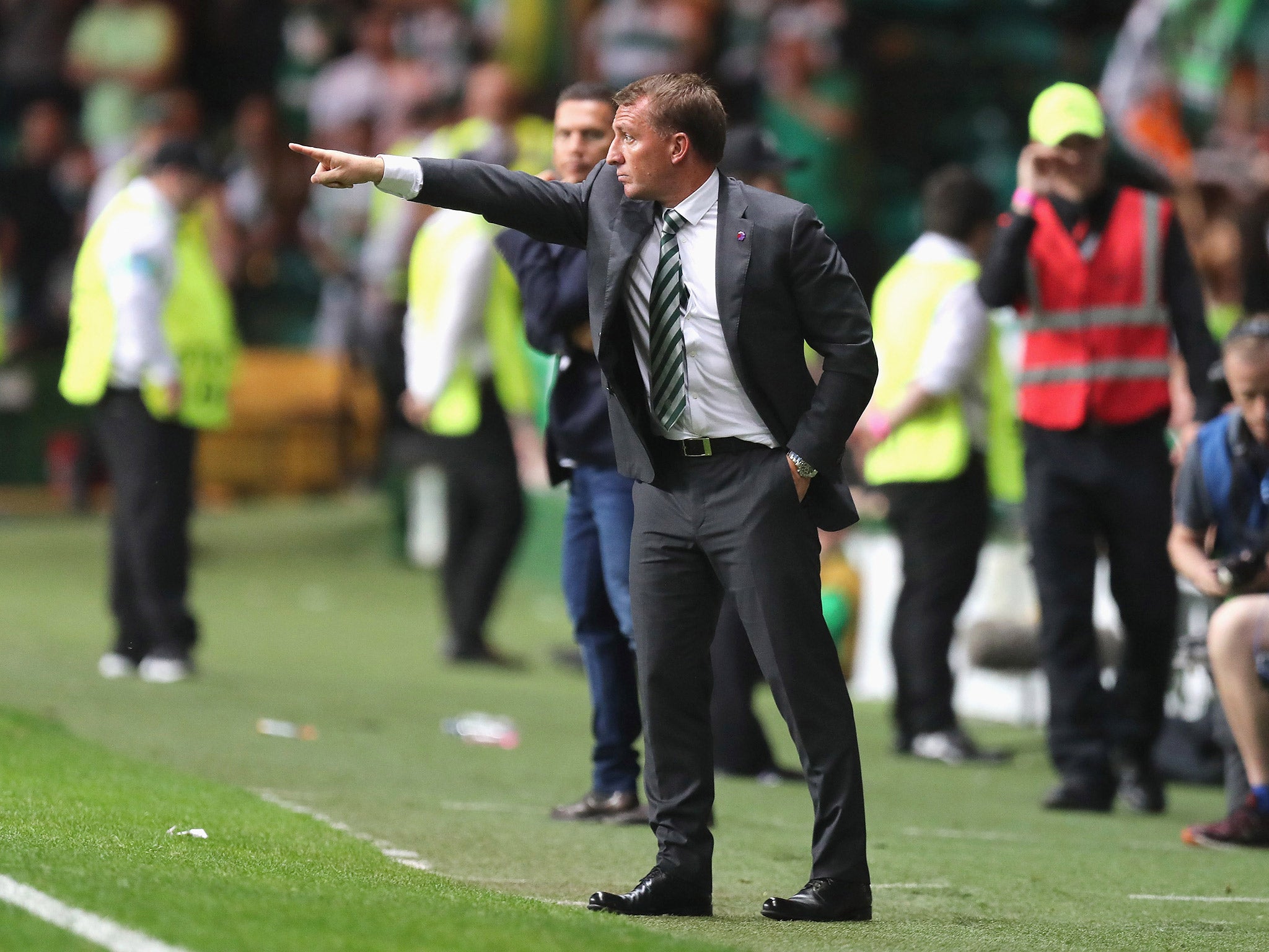 Brendan Rodgers gestures from the touchline as Celtic take on Hapoel Be'er Sheva