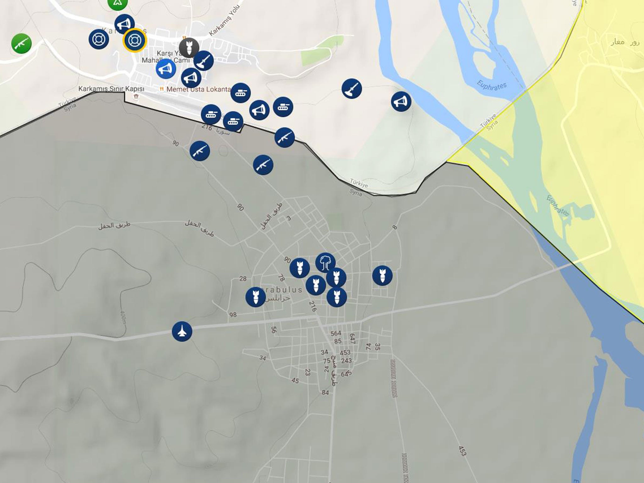 A map showing reported Turkish artillery and air strikes on Isis territory around Jarablus, seen in black, next to SDF territory shown in yellow, on 24 August