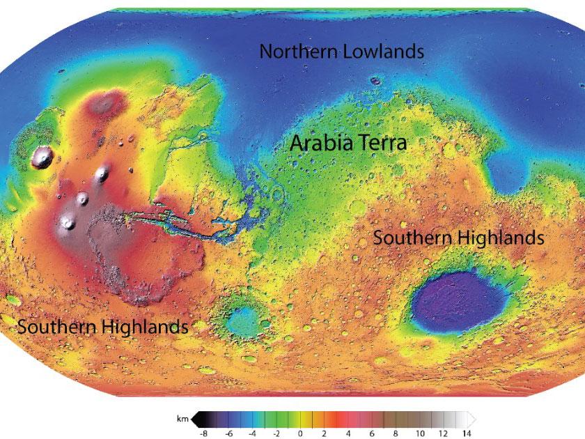 A map showing highland and lowland areas of Mars with the Arabia Terra in green