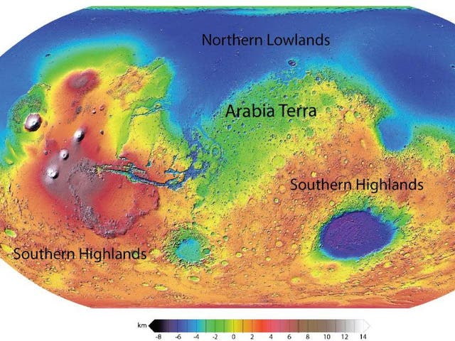 A map showing highland and lowland areas of Mars with the Arabia Terra in green