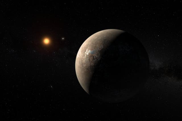 This artist’s impression shows the planet Proxima b orbiting the red dwarf star Proxima Centauri, the closest star to the Solar System. The double star Alpha Centauri AB also appears in the image between the planet and Proxima itself.