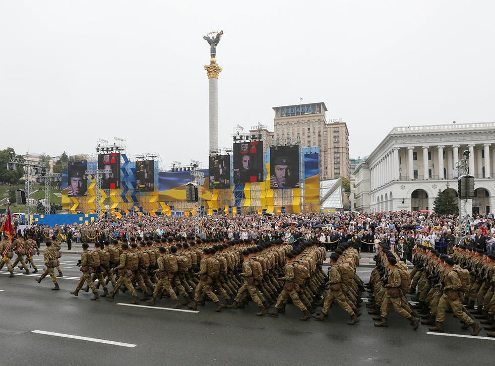 Servicemen march during Ukraine's Independence Day military parade in central Kiev