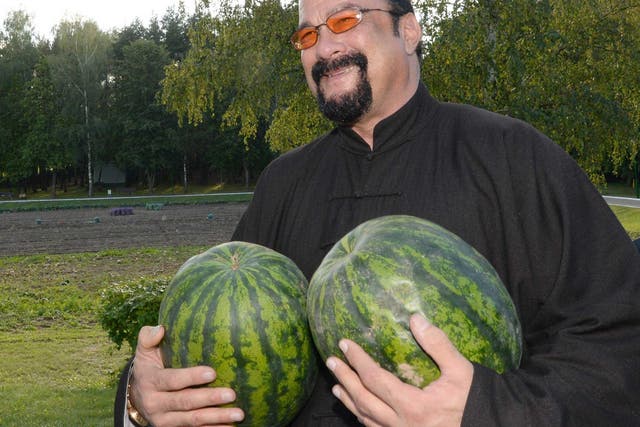 Hollywood actor and producer Steven Seagal holds two watermelons at the Belarus' presidential residence of Drozdy, outside Minsk