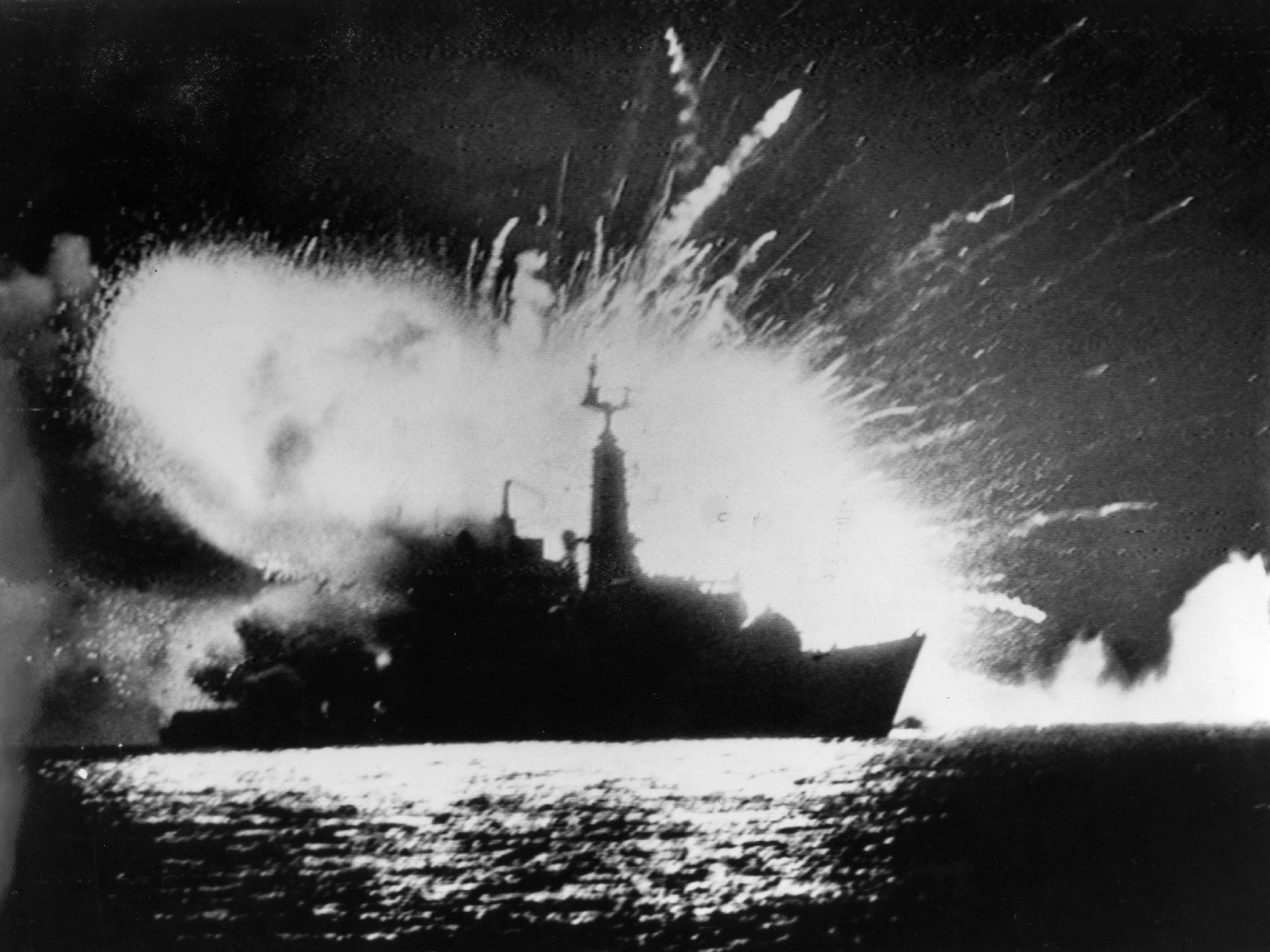 British Royal Navy frigate HMS Antelope explodes after being hit by Skyhawk jets