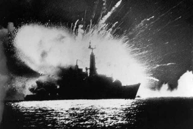 British Royal Navy frigate HMS Antelope explodes after being hit by Skyhawk jets