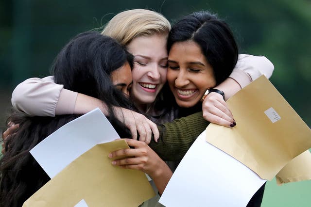 Withington Girls' School pupils react as they open their GCSE exam results