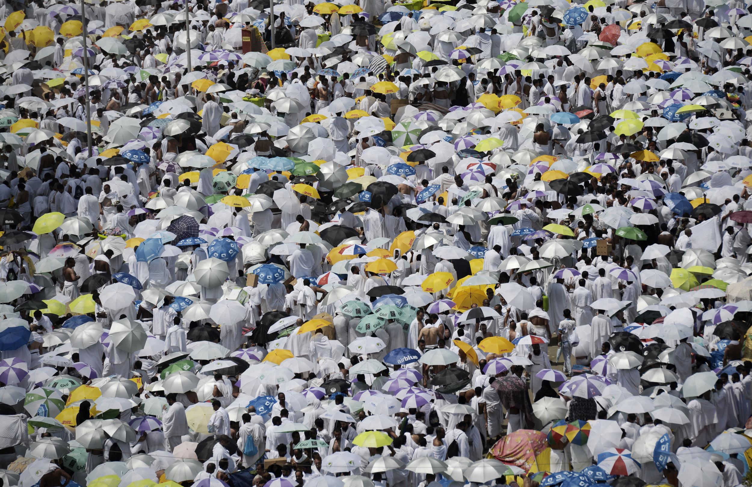 Muslim pilgrims gather to perform noon and afternoon prayers at Namira Mosque in Mount Arafat, south-east of the Saudi holy city of Mecca (Getty )