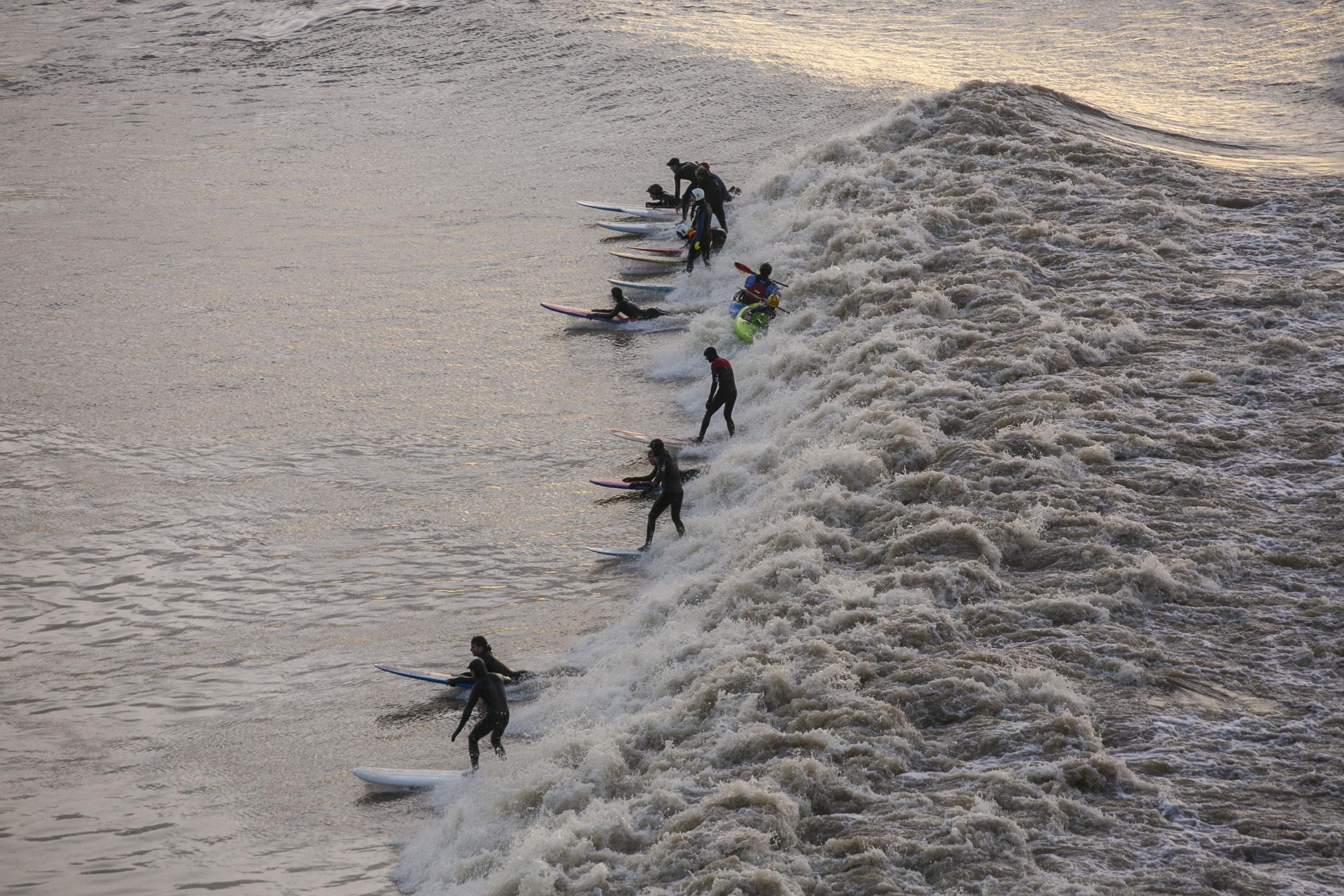 The Severn Bore in Gloucestershire propels surfers at up to 20kmph, with the wave reaching as high as two metres