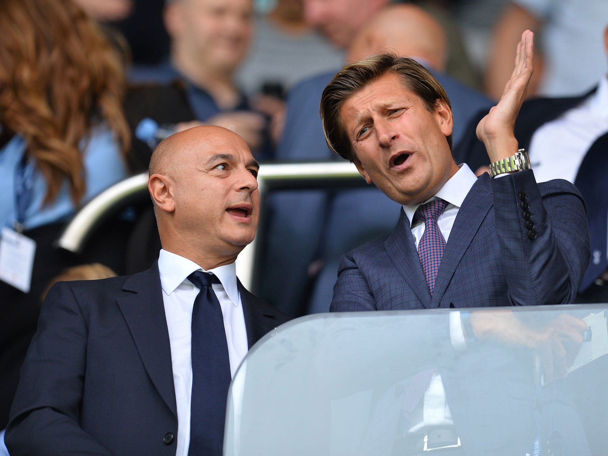 Daniel Levy and Steve Parish talk during the opening day clash between Tottenham and Palace