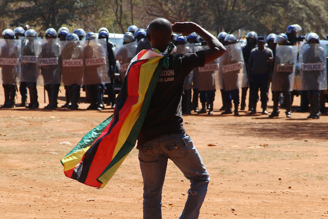 Riot police watch a man with a Zimbabwean flag over his shoulders saluting during a protest