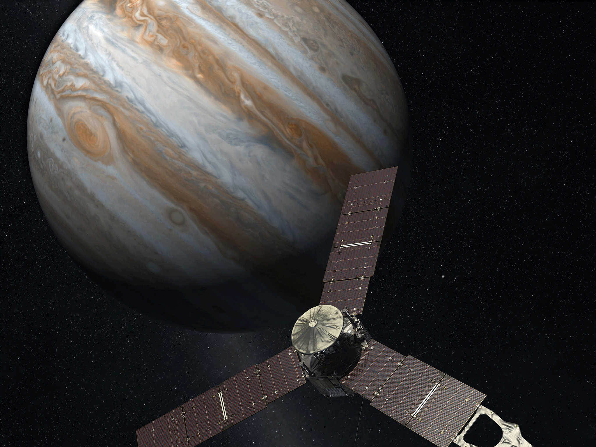 An artist's conception of Juno - who has three Lego "passengers" on board - approaching Jupiter's swirling gaseous clouds
