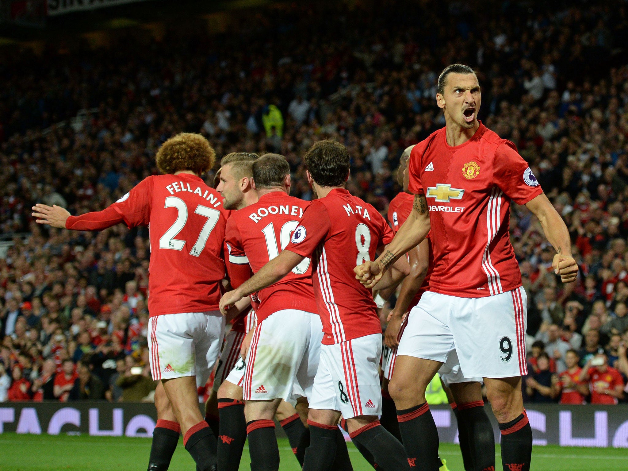 Zlatan Ibrahimovic celebrates alongside his team-mates after scoring against Southampton last week