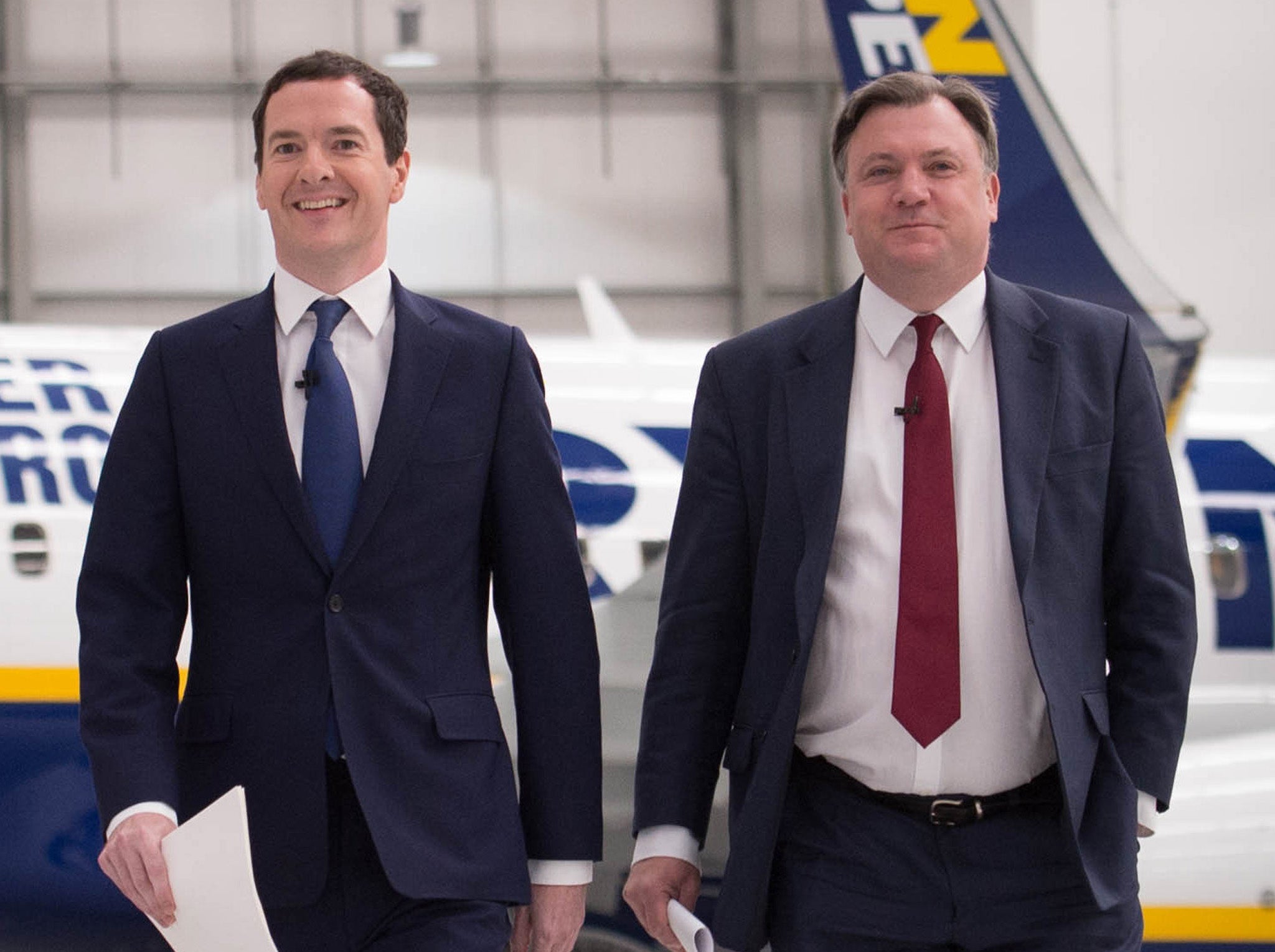 George Osborne (left) and Ed Balls campaigning together during the referendum campaign at Ryanair's base at Stansted Airport
