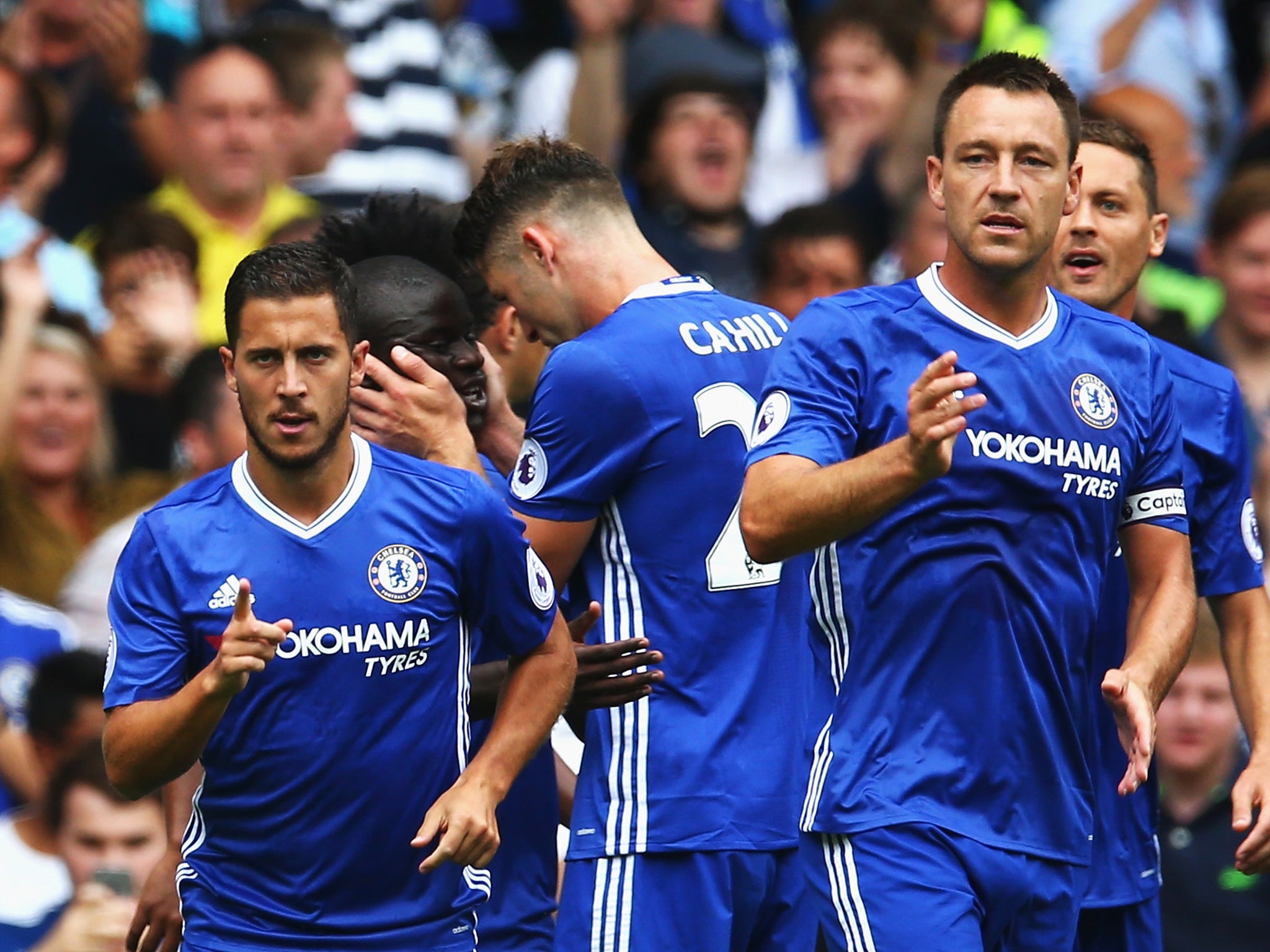 Hazard celebrates his opening goal with his teammates
