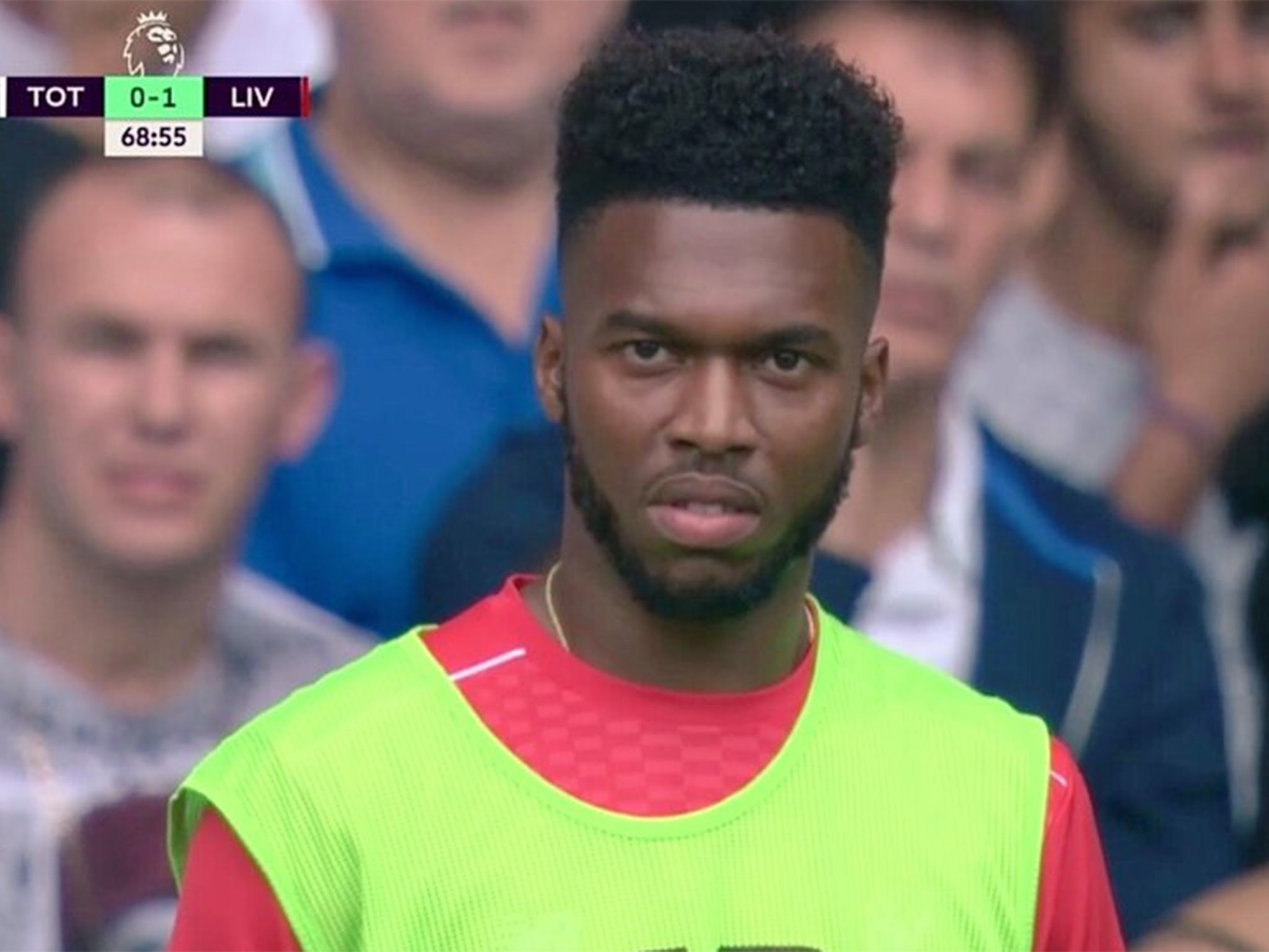 Sturridge gives a bemused look to the camera after Origi's substitution