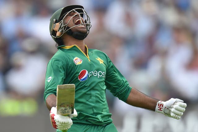 Pakistan's Sarfraz Ahmed celebrates reaching his century during play in the second one day internationa