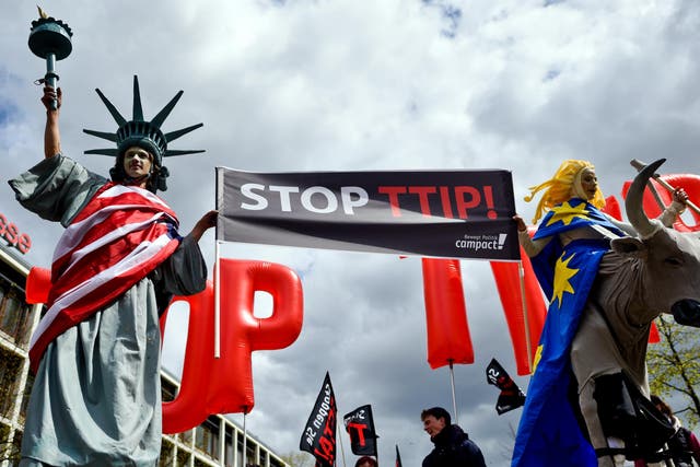 Protesters rally against the TTIP and CETA free trade agreements, April 2016