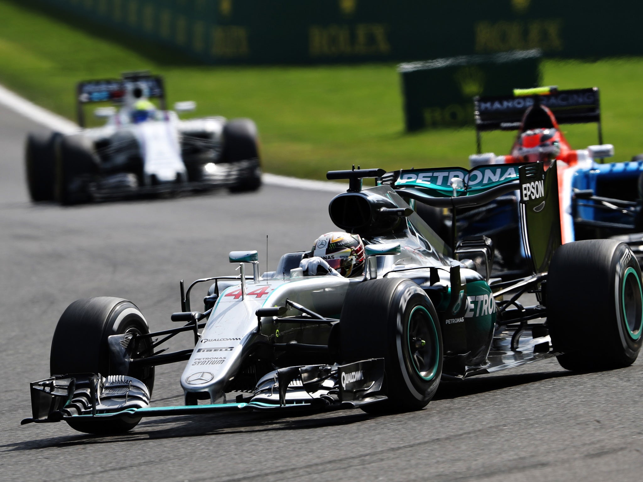 Hamilton leading Manor's Esteban Ocon in the race's opening stages