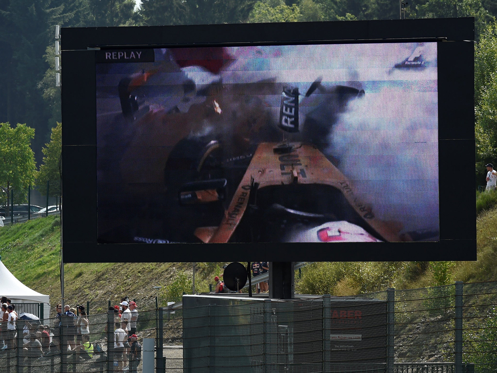 A replay of Kevin Magnussen's crash was shown on a big screen