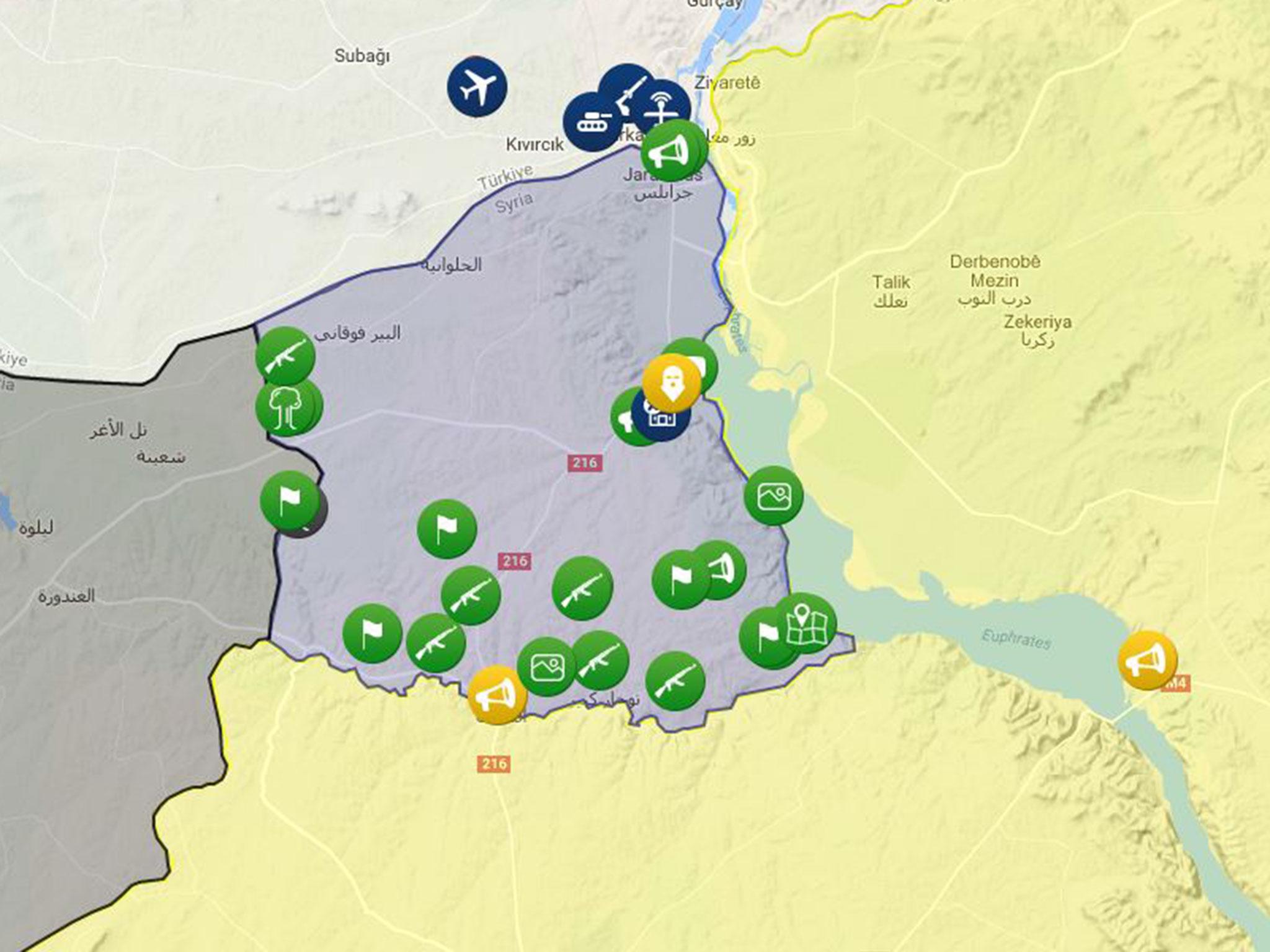 The situation in Jarablus on 29 August, with Turkish-backed territory and operations shown in blue, Isis in black, and the Syrian Democratic Forces in yellow