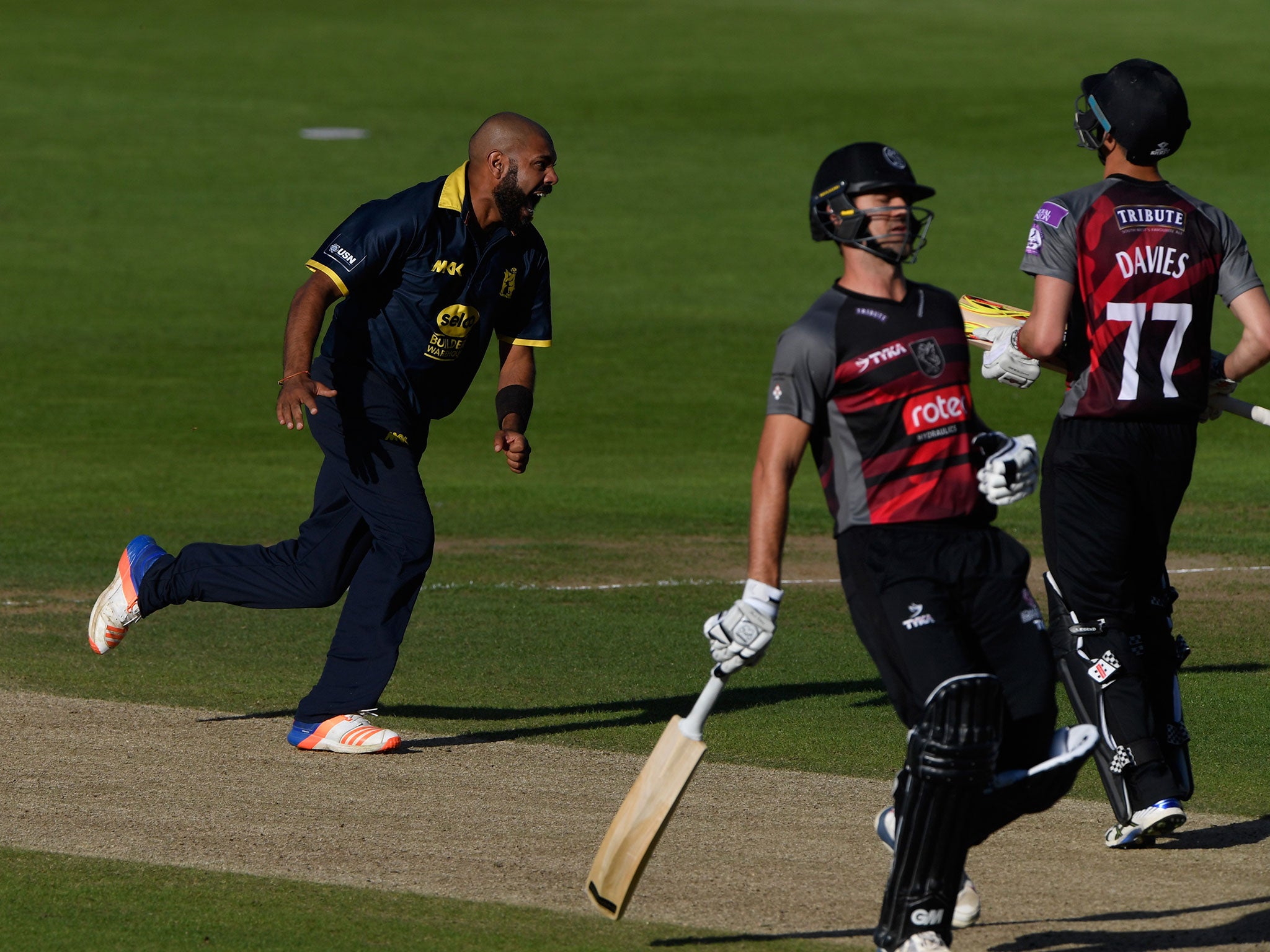 Jeetan Patel celebrates yet another wicket as he leads Warwickshire to victory