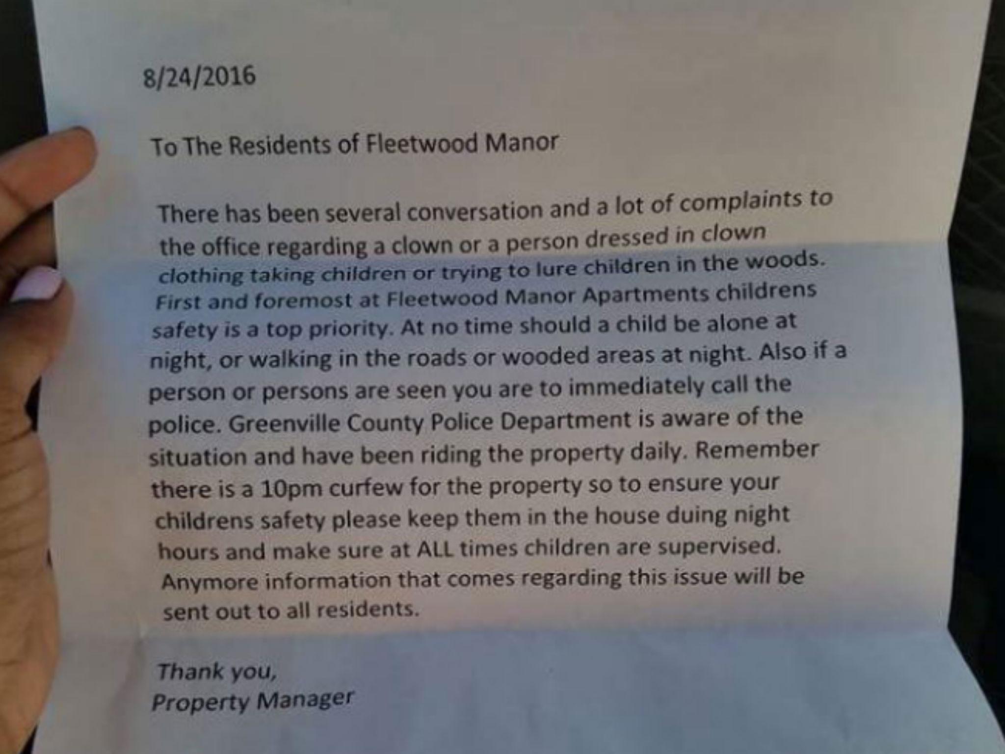 The letter that residents received, warning them to supervise their children