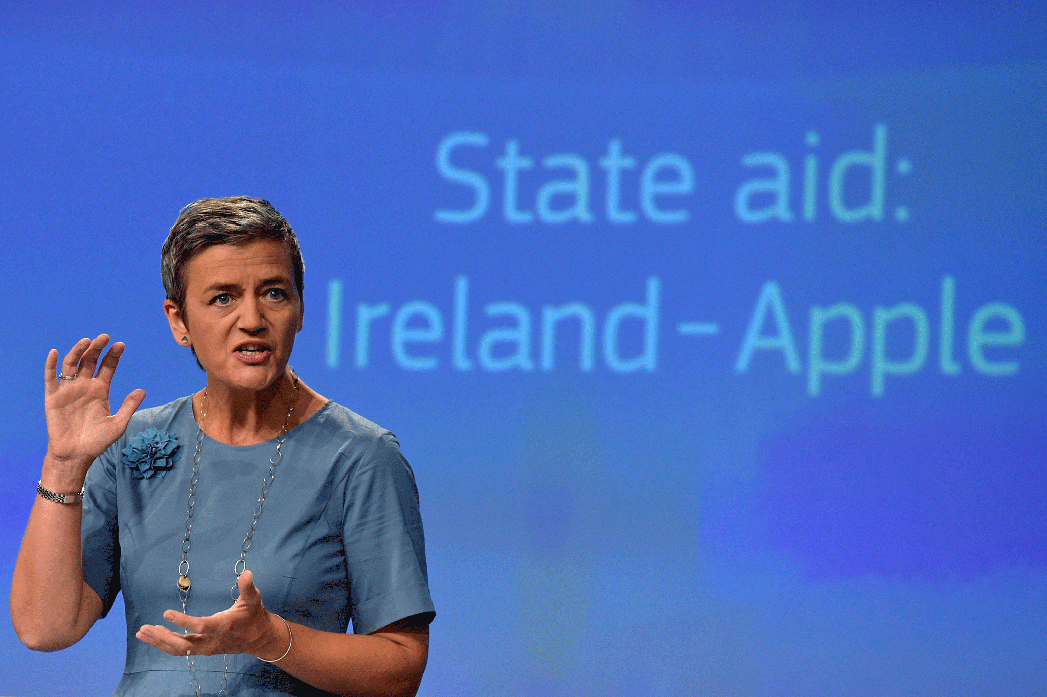 EU Commissioner Vestager gestures during a news conference on Ireland's tax dealings with Apple