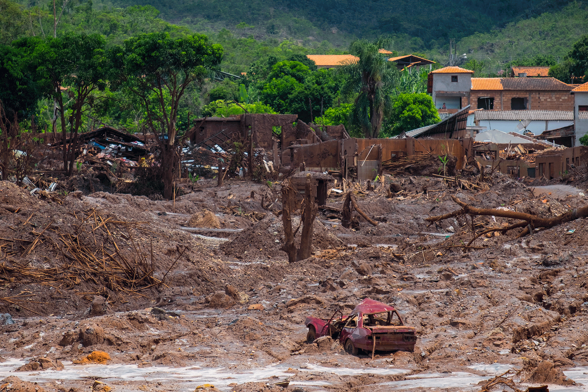Mariana, Brazil-December 17 2015. View of Bento Rodrigues district destroyed due to the mud tsunami after the collapse of Samarco's Fundao mining dam