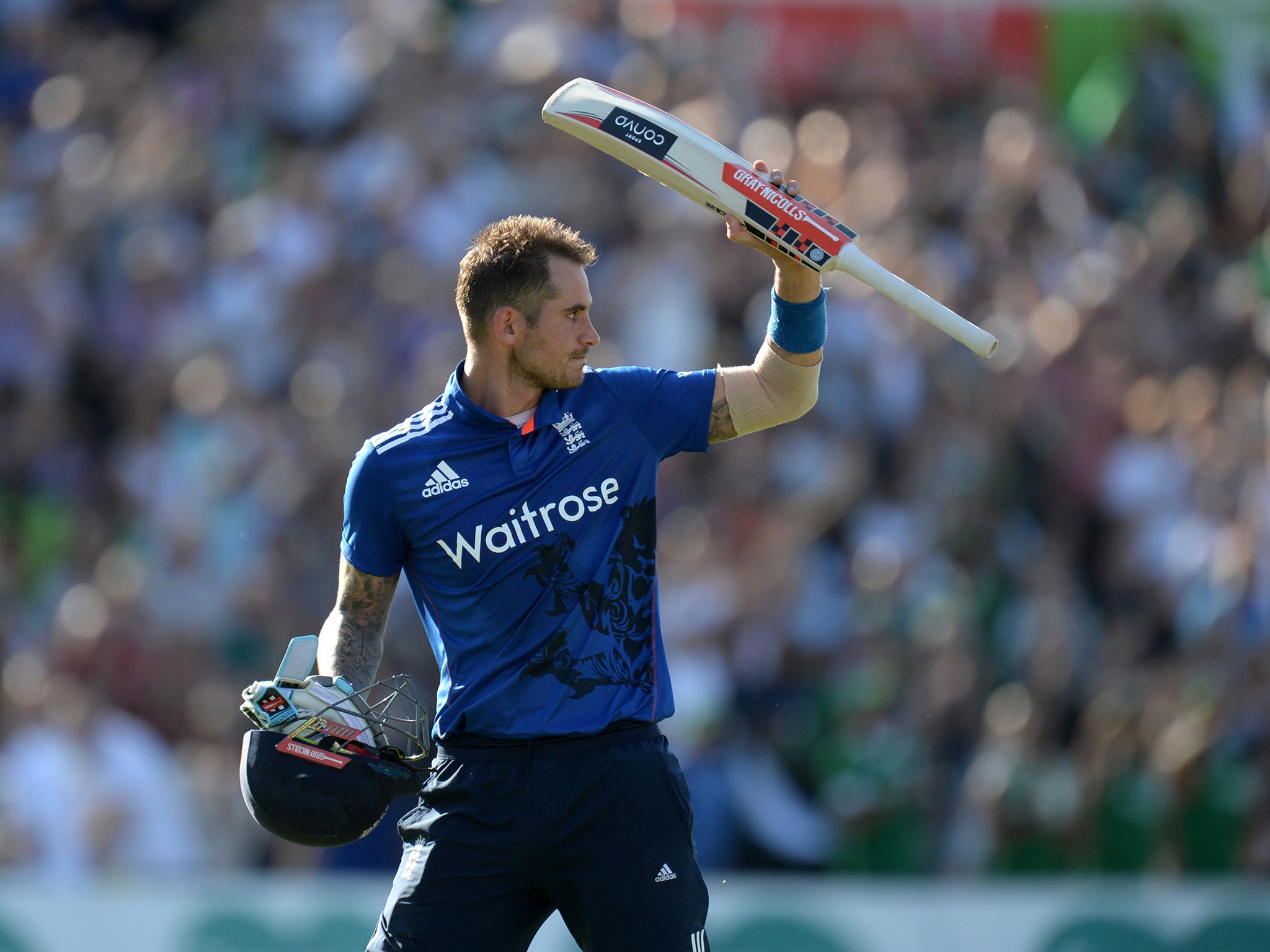 Hales walks off celebrating his record knock for an Englishman