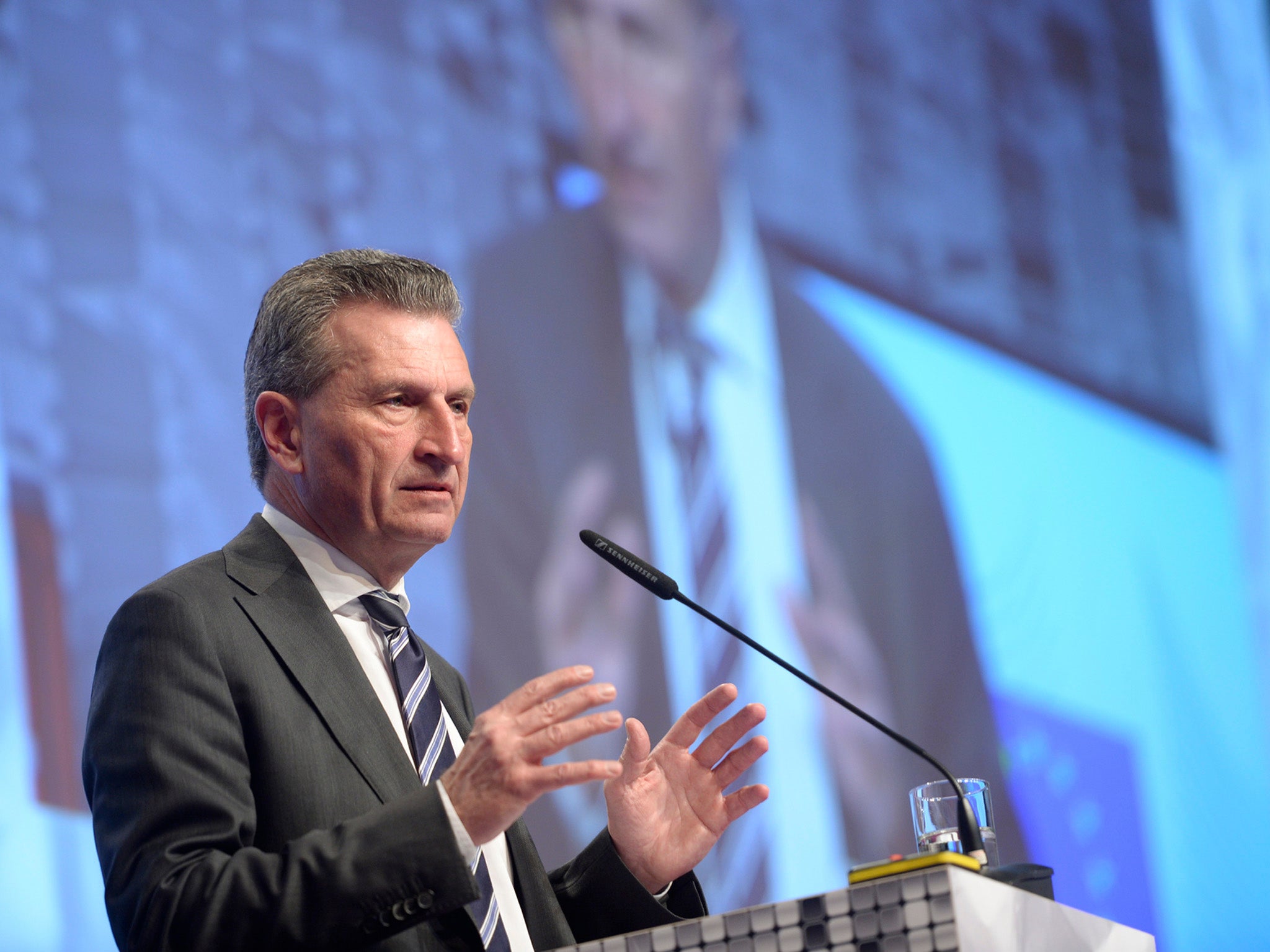 EU Commissioner for Digital Economy and Society Günther Oettinger speaking at an event in Hanover, Germany