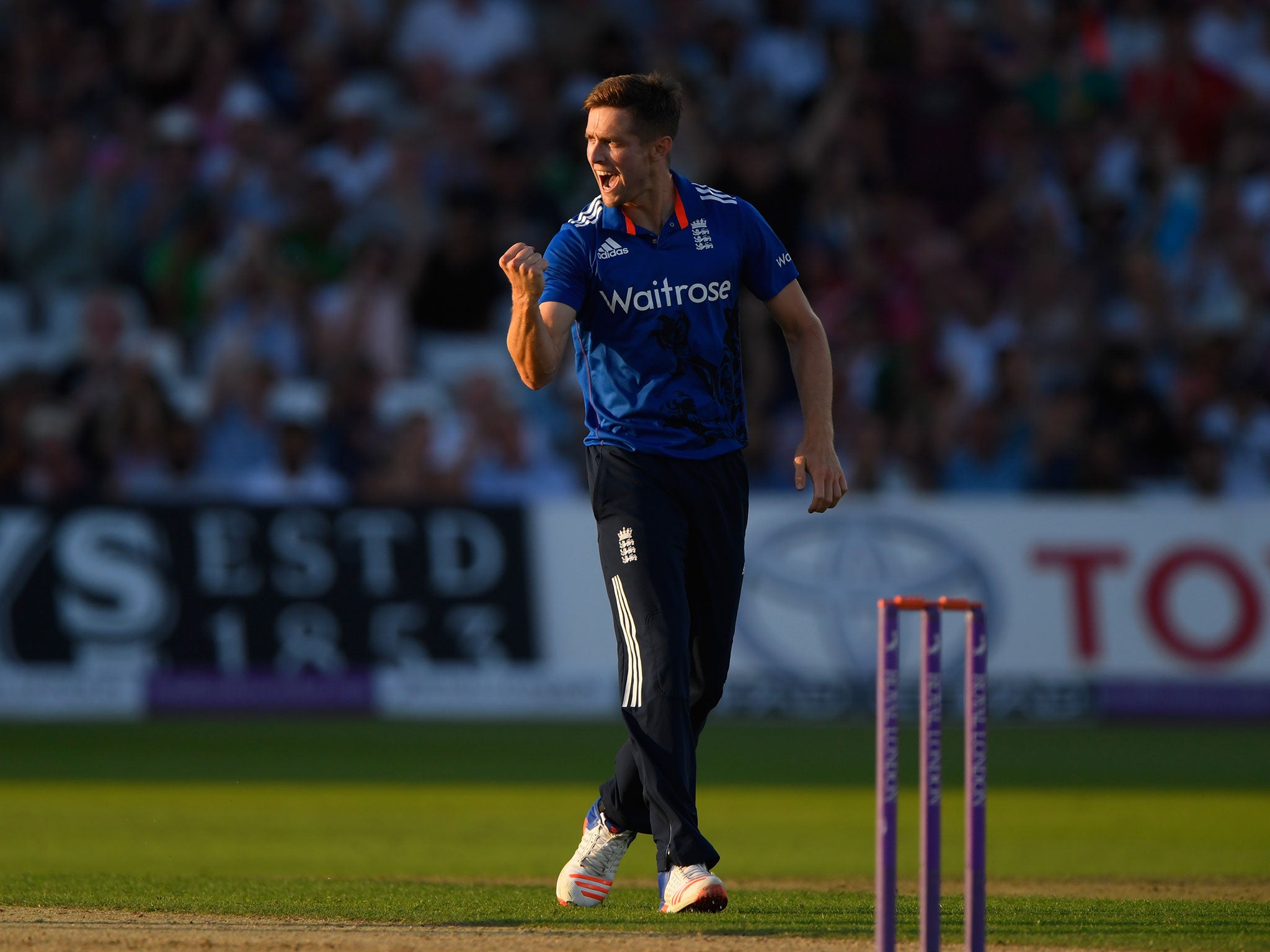 Chris Woakes celebrates one of his four wickets against Pakistan at Trent Bridge