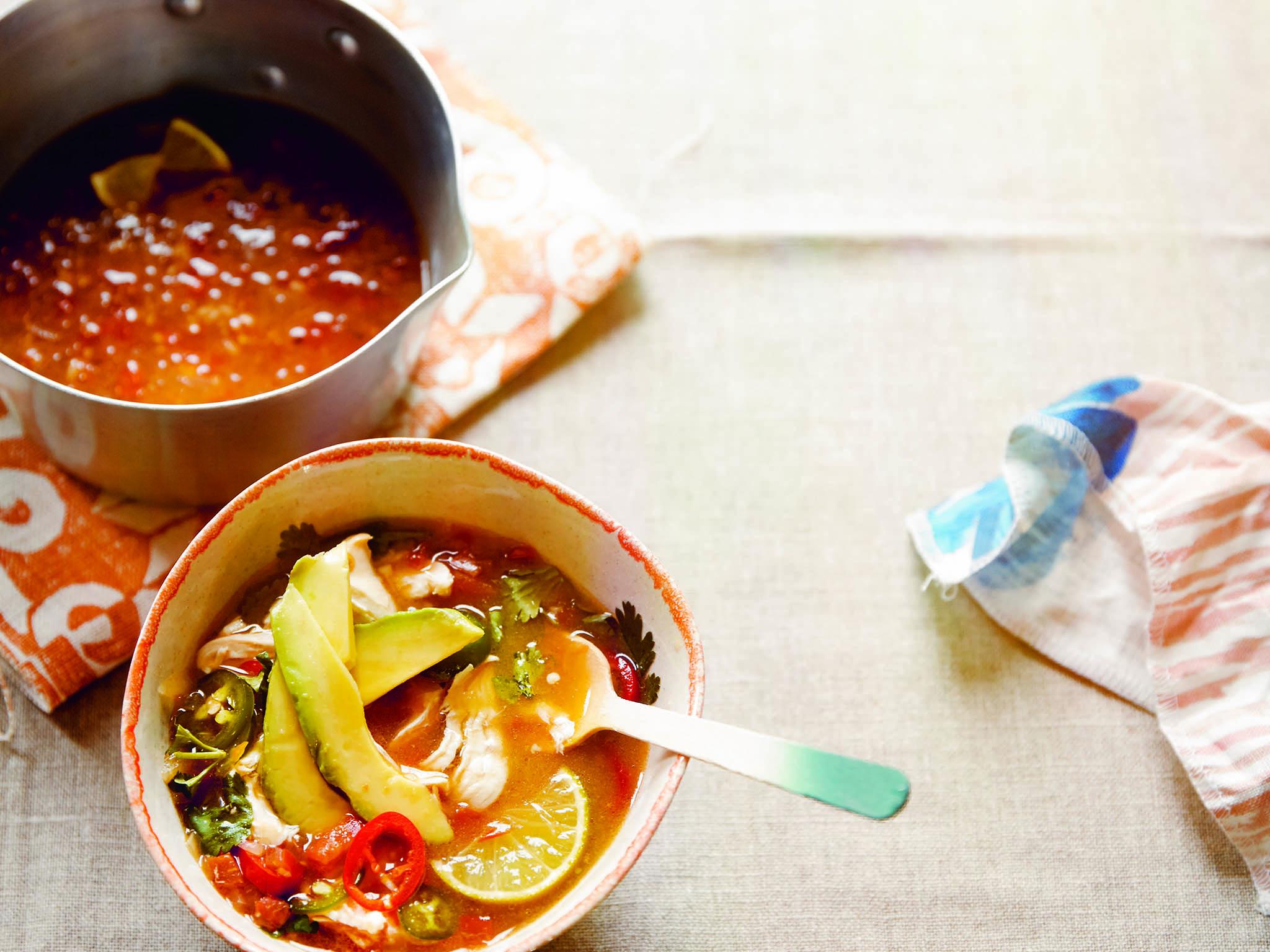 The spicy chicken broth uses boneless chicken and is topped with avocado