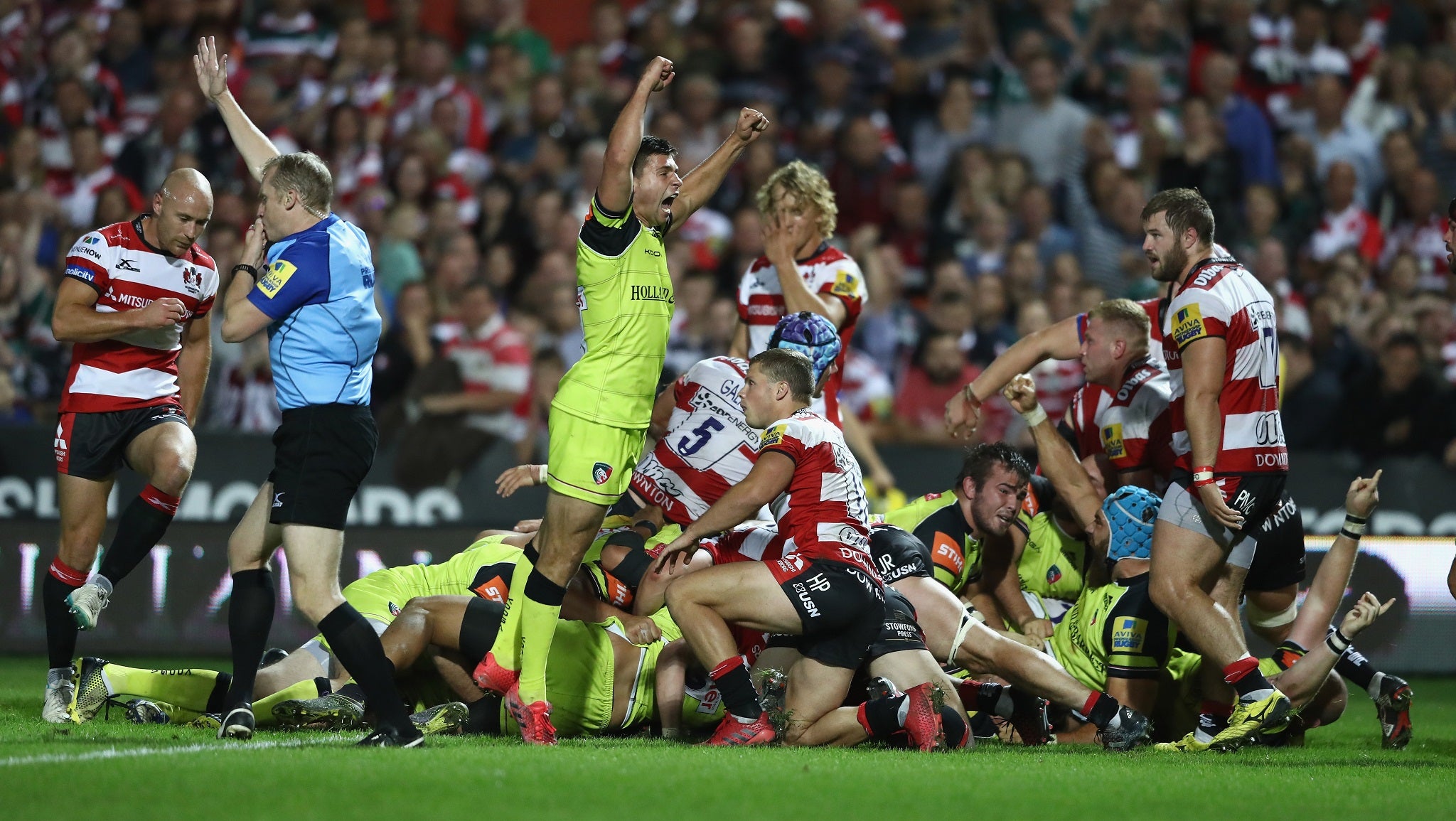 Ben Youngs leaps for joy after Sam Harrison's last-minute try secures victory for Leicester over Gloucester