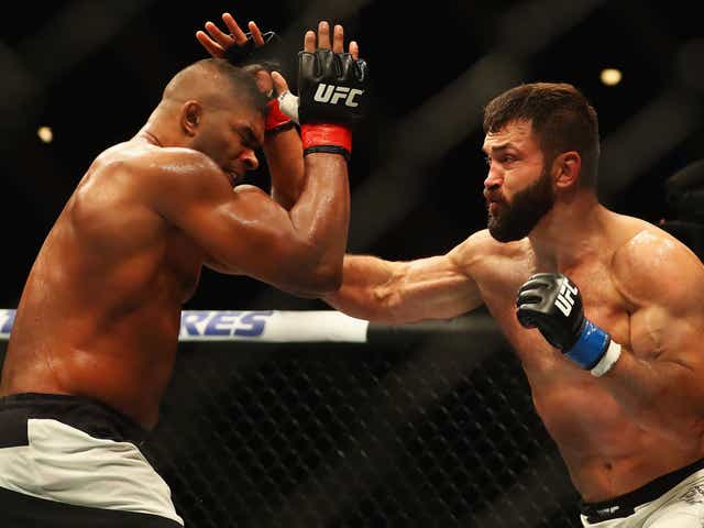 Andrei Arlovski of Belarus (R) and Alistair Overeem of the Netherlands compete in their Heavyweight bout during the UFC Fight Night 87 last May